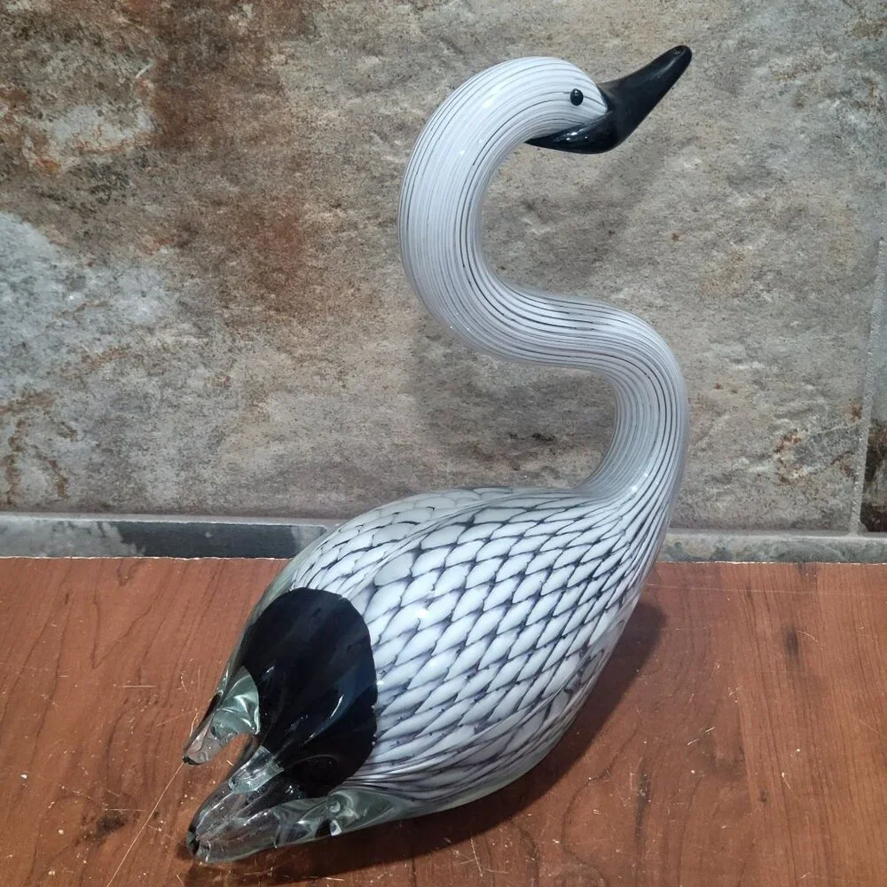 Hand Blown Art Glass Black White Swan Sculpture Glass Duck